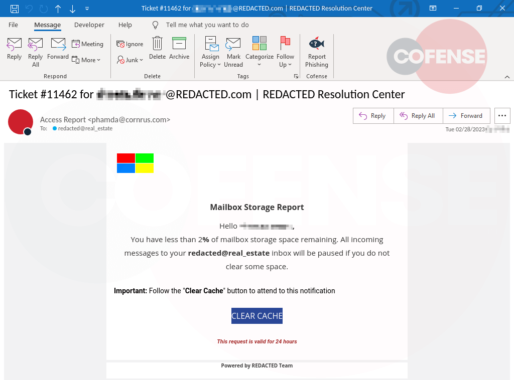 Example of a credential phishing email that included a tailored subdomain.